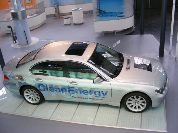 Hydrogen powered silver car in showroom