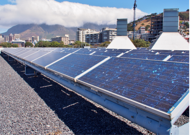 Solar panels power a building in Cape Town, South Africa.