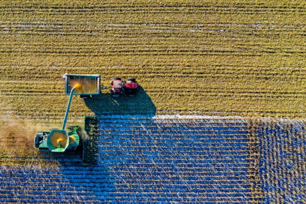 Aerial view of crops being harvested by machine