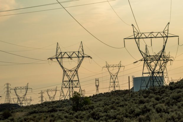 Electricity pylons against landscape