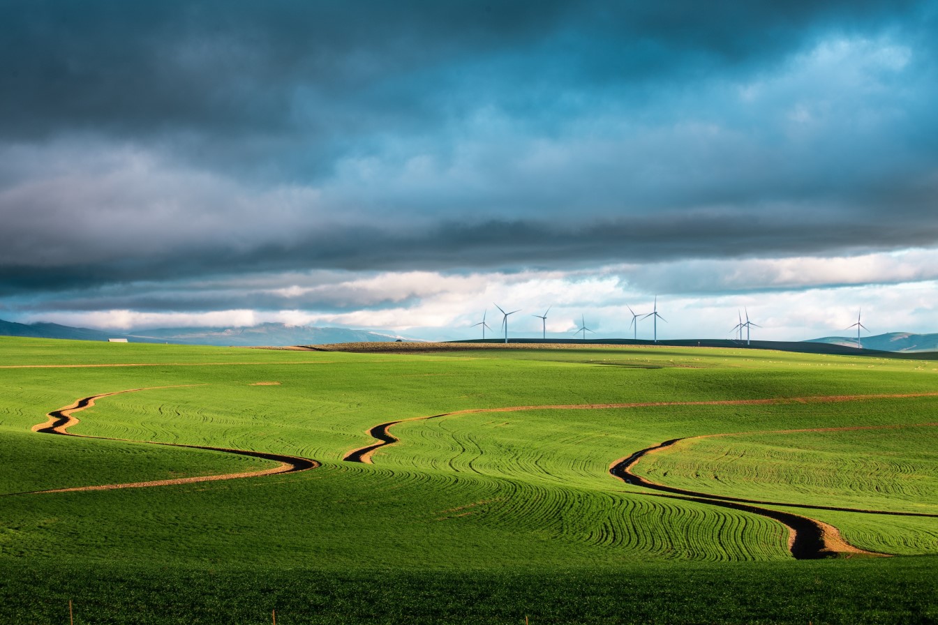 Green landscape with wind turbines in the distance. Sunlight breaking through the clouds.