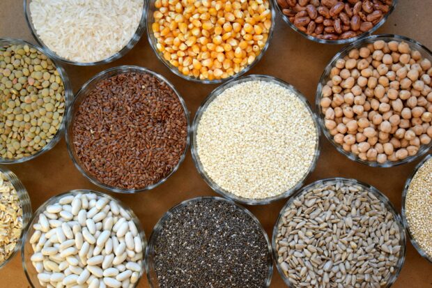 Various bowls of seeds, grains and pulses