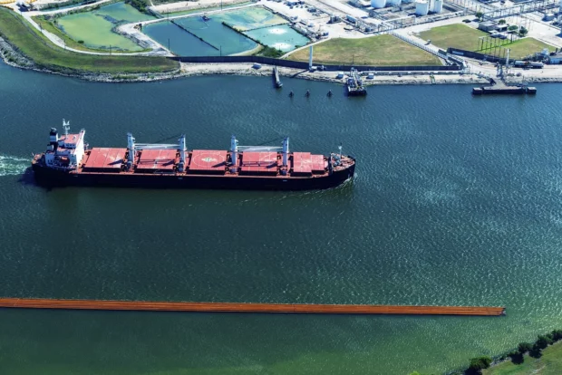 Aerial view of ship in channel